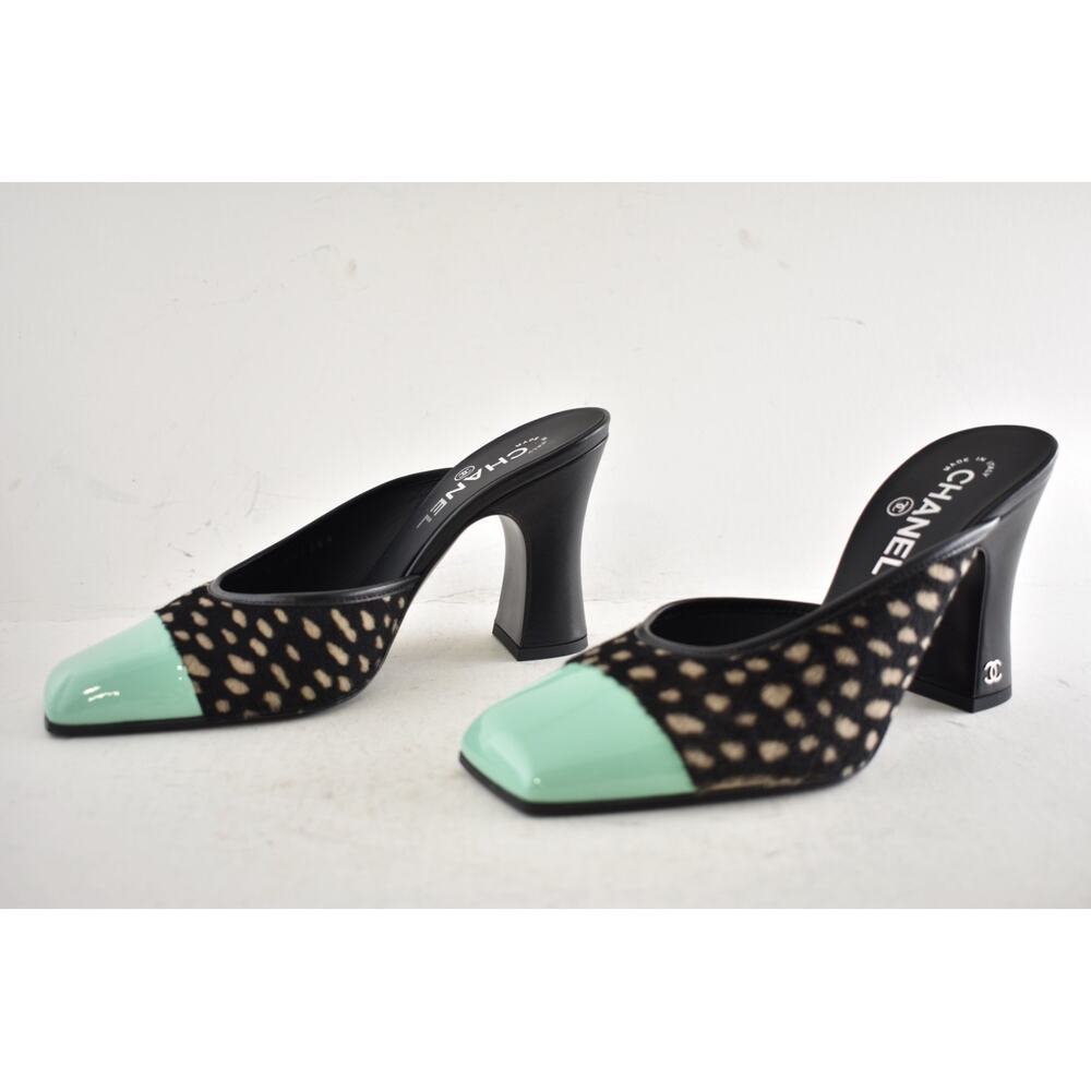 Chanel 26S Blazy Black White Pony Fur Green Square Toe Block Heel Pump Mule 36 - Picture 16 of 16